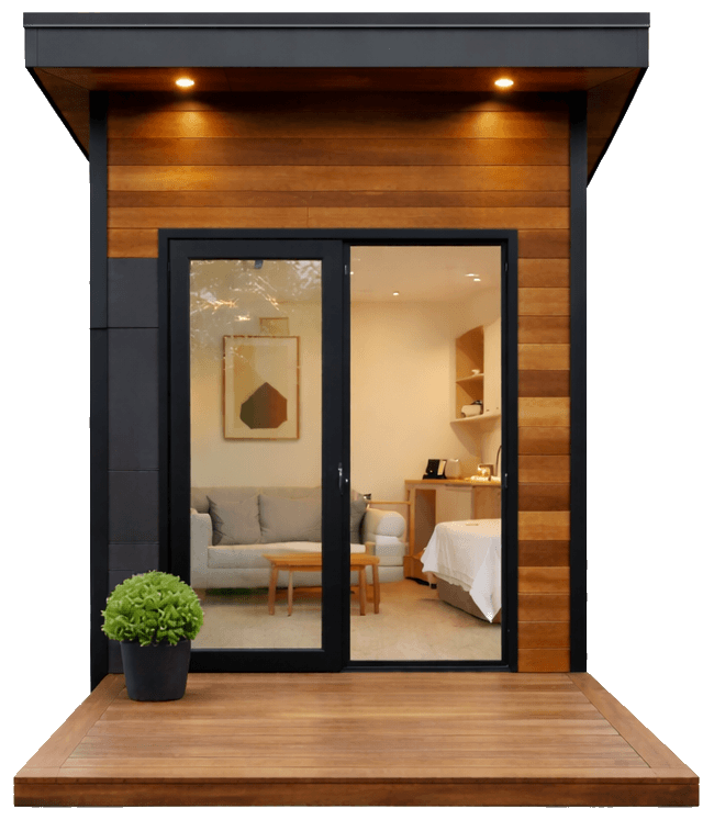 Modern ADU with wooden exterior and glass doors